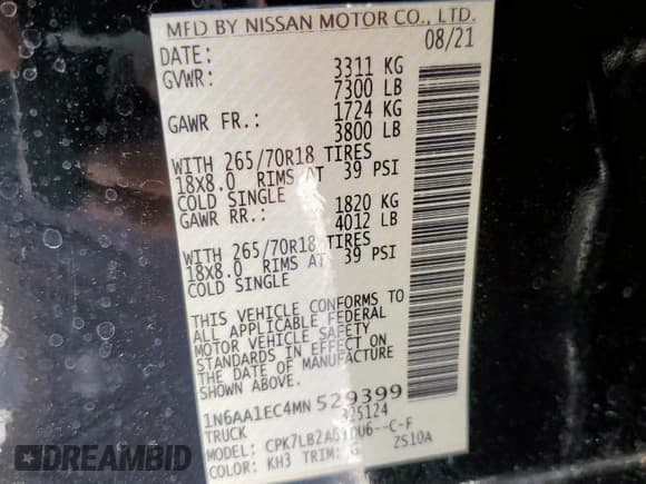 ✅ 2021 Nissan Titan S • VIN: 1N6AA1EC4MN529399 • Лот: 59486455. Опубликован ранее на Copart с пробегом 71 167 миль. Бесплатный доступ к архиву аукционных продаж из США и подробный отчёт об истории автомобиля на DreamBid. Изображение 13.