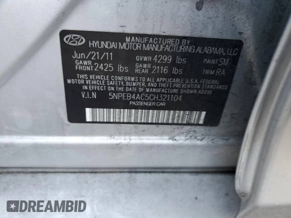 2012 Hyundai Sonata GLS with VIN 5NPEB4AC5CH321104, listed as a Copart auction lot 75120024 with 131,819 mi miles and Salvage title. Bid and sale history available at DreamBid. Image 15.