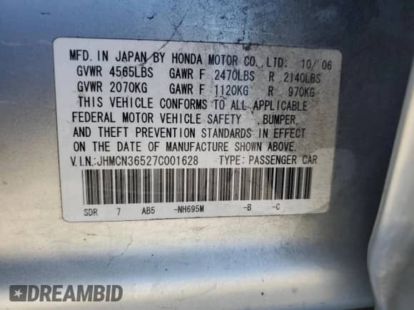 2007 Honda Accord with VIN JHMCN36527C001628, listed as a Copart auction lot 71747535 with 167,265 mi miles and Salvage title. Bid and sale history available at DreamBid. Image 12.