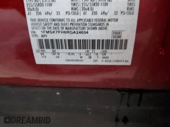 2024 Ford Explorer Limited с VIN 1FMSK7FH6RGA24604, выставлен на аукционе Copart как лот 65967025 с пробегом 34 884 миль миль и На запчасти • Non repairable. История ставок и продаж доступна на DreamBid. Изображение 14.