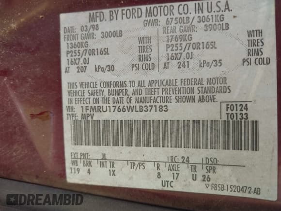 ✅ 1998 Ford Expedition XLT • VIN: 1FMRU1766WLB37183 • Lot: 42833638. Listed on IAAI with 255,874 mi. Free auction sales archive from the USA and detailed vehicle history report at DreamBid. Image 9.