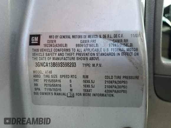 ✅ 2009 Chevrolet HHR LS • VIN: 3GNCA13B69S598203 • Lot: 53551145. Listed on Copart with 184,375 mi. Free auction sales archive from the USA and detailed vehicle history report at DreamBid. Image 13.