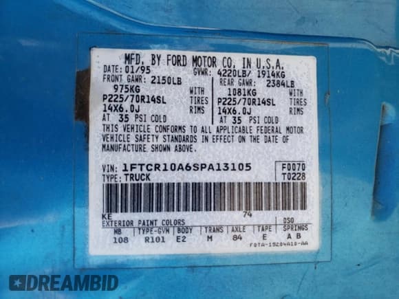 ✅ 1995 Ford Ranger Splash • VIN: 1FTCR10A6SPA13105 • Lot: 62027635. Listed on Copart with 205,003 mi. Free auction sales archive from the USA and detailed vehicle history report at DreamBid. Image 14.