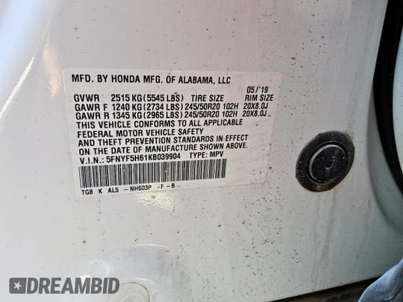 ✅ 2019 Honda Pilot Touring 7-Passenger • VIN: 5FNYF5H61KB039904 • Lot: 84210035. Listed on Copart with 110,688 mi. Free auction sales archive from the USA and detailed vehicle history report at DreamBid. Image 12.