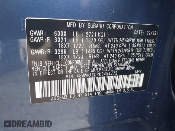 ✅ 2019 Subaru Ascent Premium • VIN: 4S4WMACD3K3454775 • Lot: 43334851. Listed on IAAI with 79,178 mi. Free auction sales archive from the USA and detailed vehicle history report at DreamBid. Image 9.