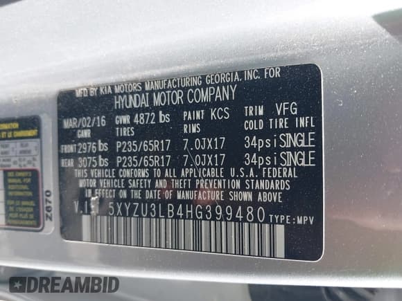 ✅ 2017 Hyundai Santa Fe 2.4L • VIN: 5XYZU3LB4HG399480 • Lot: 43458871. Listed on IAAI with 118,792 mi. Free auction sales archive from the USA and detailed vehicle history report at DreamBid. Image 9.