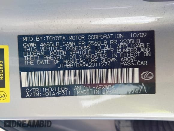 ✅ 2010 Lexus HS 250h Premium • VIN: JTHBB1BA9A2011274 • Lot: 43277001. Listed on IAAI with 140,313 mi. Free auction sales archive from the USA and detailed vehicle history report at DreamBid. Image 9.