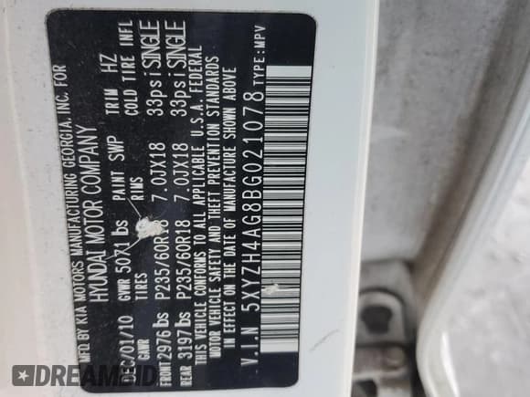 ✅ 2011 Hyundai Santa Fe SE • VIN: 5XYZH4AG8BG021078 • Lot: 87107414. Listed on Copart with 232,597 mi. Free auction sales archive from the USA and detailed vehicle history report at DreamBid. Image 13.