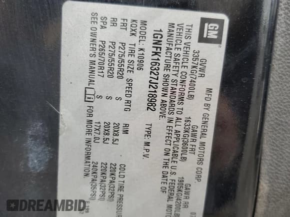 ✅ 2007 Chevrolet Suburban LTZ • VIN: 1GNFK16327J218982 • Lot: 57759715. Listed on Copart with 373,775 mi. Free auction sales archive from the USA and detailed vehicle history report at DreamBid. Image 13.