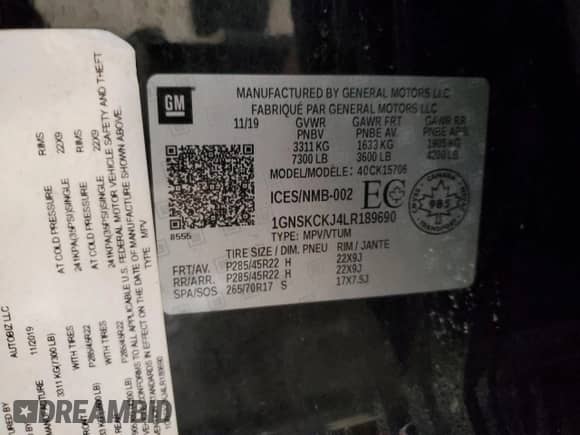 2020 Chevrolet Tahoe Premier with VIN 1GNSKCKJ4LR189690, listed as a Copart auction lot 86889184 with Not provided miles and Salvage title. Bid and sale history available at DreamBid. Image 14.