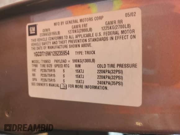 2002 Chevrolet S-10 LS z VIN 1GCDT19W128235954, wystawiony jako Copart lot #91596765 z przebiegiem 277 489 mil mil oraz Szkoda całkowita • Salvage title. Historia ofert i sprzedaży dostępna na DreamBid. Obrazek 12.