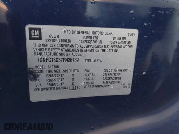 ✅ 2007 Chevrolet Tahoe LS • VIN: 1GNFC13C37R426789 • Lot: 43845931. Listed on IAAI with 230,604 mi. Free auction sales archive from the USA and detailed vehicle history report at DreamBid. Image 9.