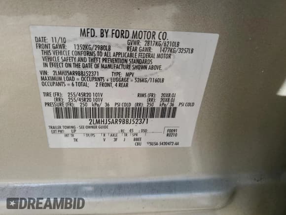 ✅ 2011 Lincoln MKT • VIN: 2LMHJ5AR9BBJ52371 • Лот: 42645495. Опубликован ранее на Copart с пробегом 137 157 миль. Бесплатный доступ к архиву аукционных продаж из США и подробный отчёт об истории автомобиля на DreamBid. Изображение 13.