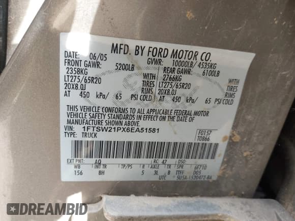 ✅ 2006 Ford F-250 XL • VIN: 1FTSW21PX6EA51581 • Lot: 42942396. Listed on IAAI with Not provided. Free auction sales archive from the USA and detailed vehicle history report at DreamBid. Image 9.