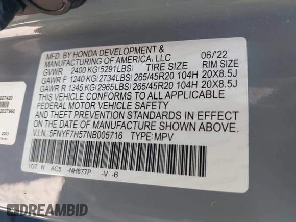 ✅ 2022 Honda Passport EX-L • VIN: 5FNYF7H57NB005716 • Lot: 41078499. Listed on IAAI with 33,141 mi. Free auction sales archive from the USA and detailed vehicle history report at DreamBid. Image 9.