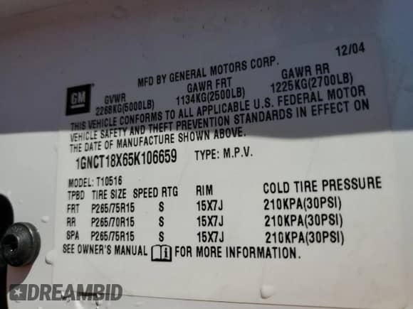 2005 Chevrolet Blazer LS с VIN 1GNCT18X65K106659, выставлен на аукционе Copart как лот 80054994 с пробегом 108 077 миль миль и Списание • Salvage title. История ставок и продаж доступна на DreamBid. Изображение 13.