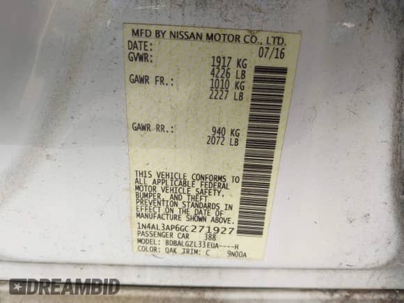 2016 Nissan Altima SL с VIN 1N4AL3AP6GC271927, выставлен на аукционе IAAI как лот 43188793 с пробегом 134 176 миль миль и . История ставок и продаж доступна на DreamBid. Изображение 9.