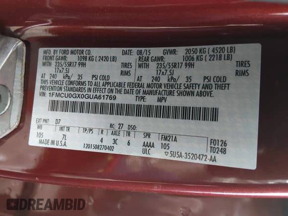 ✅ 2016 Ford Escape SE • VIN: 1FMCU0GX0GUA61769 • Lot: 43872137. Listed on IAAI with 124,127 mi. Free auction sales archive from the USA and detailed vehicle history report at DreamBid. Image 9.