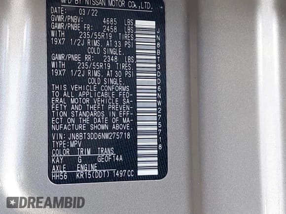 ✅ 2022 Nissan Rogue Platinum • VIN: JN8BT3DD6NW275718 • Lot: 41675565. Listed on IAAI with 37,648 mi. Free auction sales archive from the USA and detailed vehicle history report at DreamBid. Image 9.