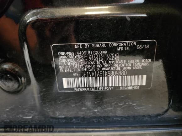 ✅ 2019 Subaru WRX • VIN: JF1VA1A61K9809880 • Lot: 82662695. Listed on Copart with 170,546 mi. Free auction sales archive from the USA and detailed vehicle history report at DreamBid. Image 12.