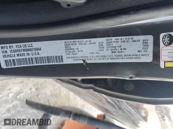 2022 Ram 1500 Lone Star с VIN 1C6RREFM0NN276944, выставлен на аукционе Copart как лот 86321034 с пробегом 26 828 миль миль и На запчасти • Non repairable. История ставок и продаж доступна на DreamBid. Изображение 14.