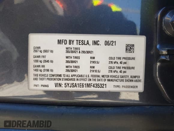 ✅ 2021 Tesla Model S Plaid • VIN: 5YJSA1E61MF435321 • Lot: 41832006. Listed on IAAI with 23,361 mi. Free auction sales archive from the USA and detailed vehicle history report at DreamBid. Image 9.