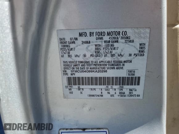 ✅ 2009 Ford Escape Limited • VIN: 1FMCU04G99KA20298 • Лот: 86141815. Опубликован ранее на Copart с пробегом 187 461 миль. Бесплатный доступ к архиву аукционных продаж из США и подробный отчёт об истории автомобиля на DreamBid. Изображение 12.