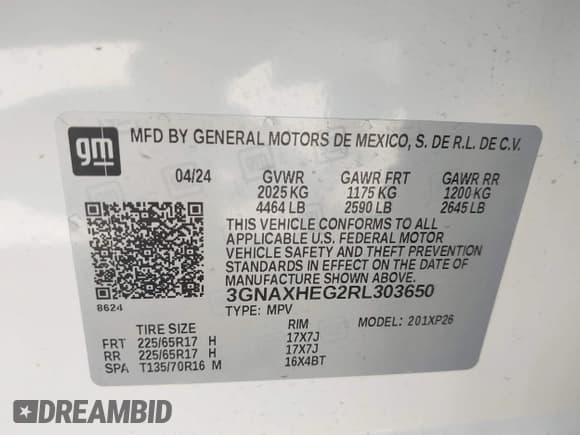 ✅ 2024 Chevrolet Equinox LS • VIN: 3GNAXHEG2RL303650 • Lot: 43416770. Listed on IAAI with 26,457 mi. Free auction sales archive from the USA and detailed vehicle history report at DreamBid. Image 9.