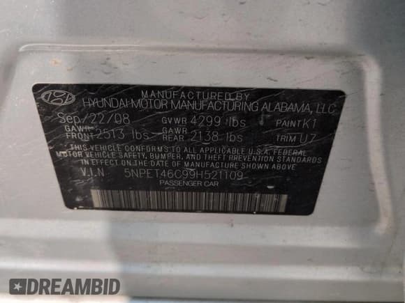 ✅ 2009 Hyundai Sonata GLS • VIN: 5NPET46C99H521109 • Лот: 70712654. Опубликован ранее на Copart с пробегом Не указан. Бесплатный доступ к архиву аукционных продаж из США и подробный отчёт об истории автомобиля на DreamBid. Изображение 14.