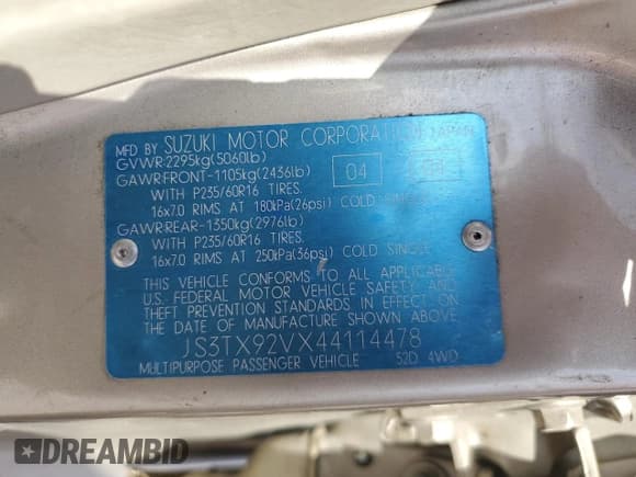 ✅ 2004 Suzuki XL7 LX • VIN: JS3TX92VX44114478 • Lot: 85346545. Wystawiony na Copart z przebiegiem 156 616 mil. Bezpłatny archiwum sprzedaży aukcyjnych z USA i szczegółowy raport historii pojazdu na DreamBid. Zdjęcie 13.