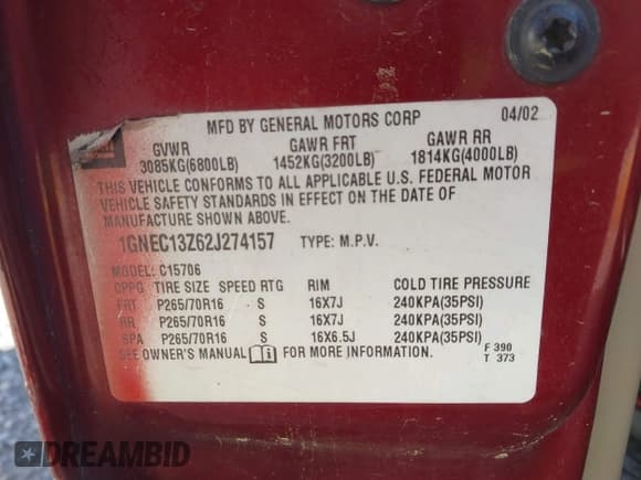 ✅ 2002 Chevrolet Tahoe LT • VIN: 1GNEC13Z62J274157 • Lot: 42055825. Listed on IAAI with 244,250 mi. Free auction sales archive from the USA and detailed vehicle history report at DreamBid. Image 9.