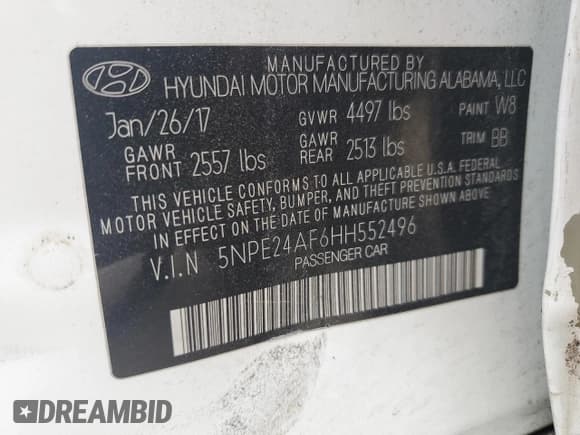 ✅ 2017 Hyundai Sonata 2.4L • VIN: 5NPE24AF6HH552496 • Lot: 69009315. Listed on Copart with 123,098 mi. Free auction sales archive from the USA and detailed vehicle history report at DreamBid. Image 12.