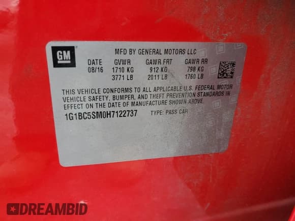 ✅ 2017 Chevrolet Cruze LS • VIN: 1G1BC5SM0H7122737 • Lot: 91173995. Listed on Copart with 311,054 mi. Free auction sales archive from the USA and detailed vehicle history report at DreamBid. Image 12.