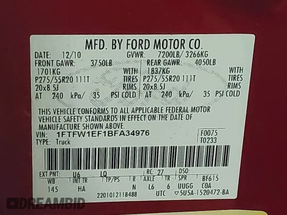 ✅ 2011 Ford F-150 XL • VIN: 1FTFW1EF1BFA34976 • Lot: 43463952. Listed on IAAI with 102,348 mi. Free auction sales archive from the USA and detailed vehicle history report at DreamBid. Image 9.