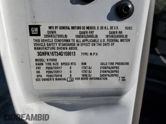2004 Chevrolet Suburban Z71 z VIN 3GNFK16T34G158613, wystawiony jako Copart lot #81183494 z przebiegiem 131 876 mil mil oraz Szkoda całkowita • Salvage title. Historia ofert i sprzedaży dostępna na DreamBid. Obrazek 14.
