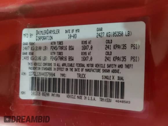 2004 Dodge Dakota with VIN 1D7GL12K44S579004, listed as a Copart auction lot 83449734 with 91,655 mi miles and Non repairable. Bid and sale history available at DreamBid. Image 12.