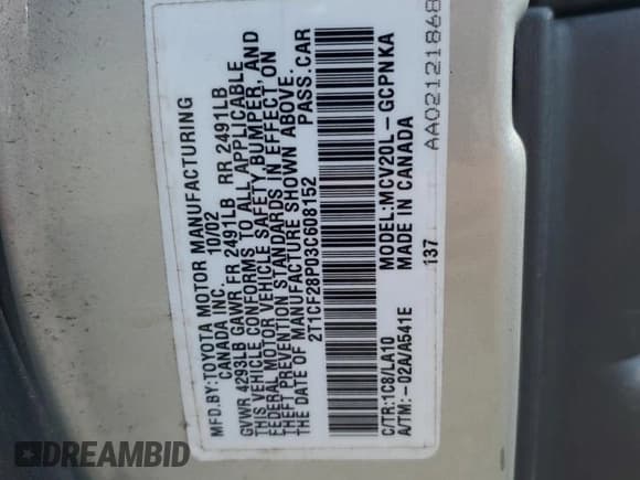 ✅ 2003 Toyota Solara SE • VIN: 2T1CF28P03C608152 • Lot: 71680555. Listed on Copart with 140,452 mi. Free auction sales archive from the USA and detailed vehicle history report at DreamBid. Image 12.