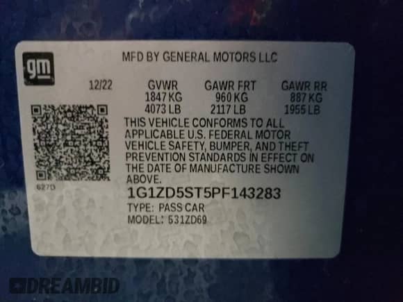 2023 Chevrolet Malibu LT z VIN 1G1ZD5ST5PF143283, wystawiony jako Copart lot #82220155 z przebiegiem Nie podano mil oraz Nie do naprawy • Non repairable. Historia ofert i sprzedaży dostępna na DreamBid. Obrazek 13.