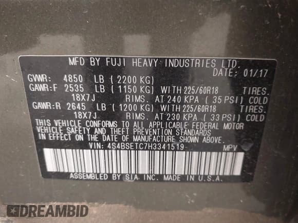 ✅ 2017 Subaru Outback Touring • VIN: 4S4BSETC7H3341519 • Lot: 42233227. Listed on IAAI with 128,384 mi. Free auction sales archive from the USA and detailed vehicle history report at DreamBid. Image 9.