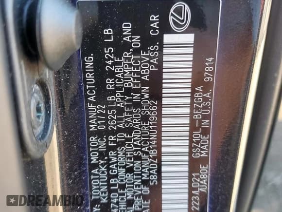 ✅ 2022 Lexus ES 350 • VIN: 58ADZ1B14NU119662 • Lot: 90487905. Listed on Copart with 27,958 mi. Free auction sales archive from the USA and detailed vehicle history report at DreamBid. Image 13.