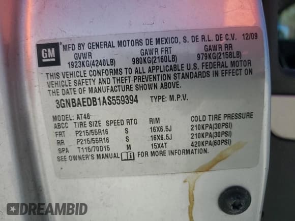 ✅ 2010 Chevrolet HHR LS • VIN: 3GNBAEDB1AS559394 • Lot: 43584265. Listed on Copart with 115,884 mi. Free auction sales archive from the USA and detailed vehicle history report at DreamBid. Image 13.