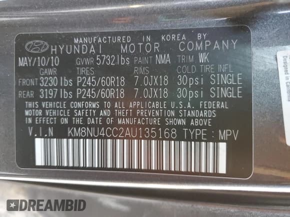 ✅ 2010 Hyundai Veracruz Limited • VIN: KM8NU4CC2AU135168 • Lot: 82420475. Listed on Copart with 162,912 mi. Free auction sales archive from the USA and detailed vehicle history report at DreamBid. Image 13.