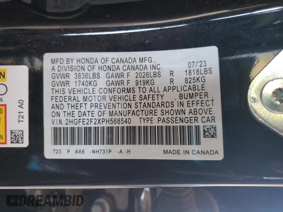 ✅ 2023 Honda Civic LX • VIN: 2HGFE2F2XPH568540 • Lot: 70373155. Wystawiony na Copart z przebiegiem 26 259 mil. Bezpłatny archiwum sprzedaży aukcyjnych z USA i szczegółowy raport historii pojazdu na DreamBid. Zdjęcie 13.
