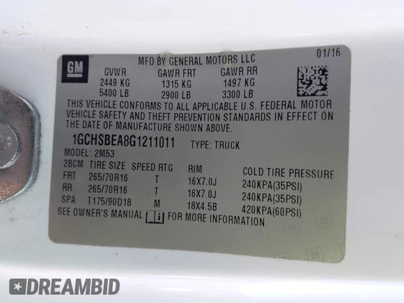 ✅ 2016 Chevrolet Colorado 2WD WT • VIN: 1GCHSBEA8G1211011 • Lot: 43485010. Listed on IAAI with 180,304 mi. Free auction sales archive from the USA and detailed vehicle history report at DreamBid. Image 9.