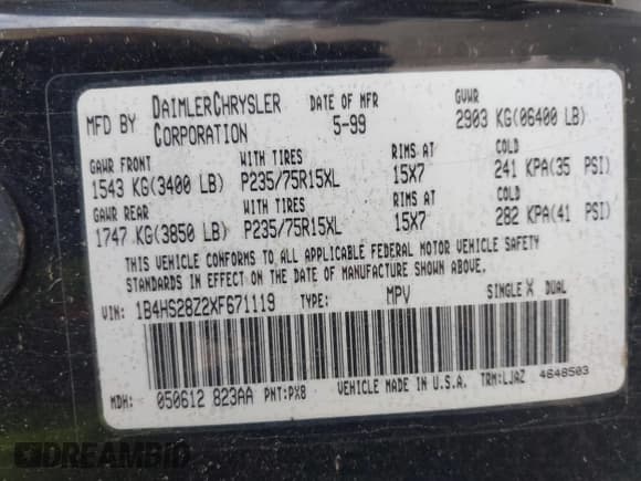 ✅ 1999 Dodge Durango • VIN: 1B4HS28Z2XF671119 • Lot: 43673334. Wystawiony na IAAI z przebiegiem 157 418 mil. Bezpłatny archiwum sprzedaży aukcyjnych z USA i szczegółowy raport historii pojazdu na DreamBid. Zdjęcie 9.