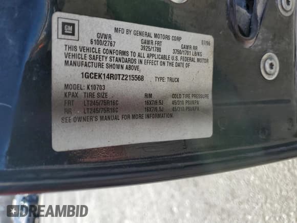 ✅ 1996 Chevrolet Silverado 1500 • VIN: 1GCEK14R0TZ215568 • Лот: 92440775. Опубликован ранее на Copart с пробегом 206 842 миль. Бесплатный доступ к архиву аукционных продаж из США и подробный отчёт об истории автомобиля на DreamBid. Изображение 12.