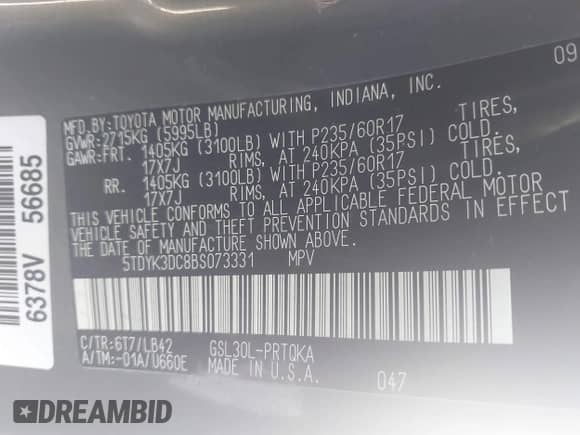 2011 Toyota Sienna XLE AAS with VIN 5TDYK3DC8BS073331, listed as a IAAI auction lot 43099376 with 145,679 mi miles and . Bid and sale history available at DreamBid. Image 9.