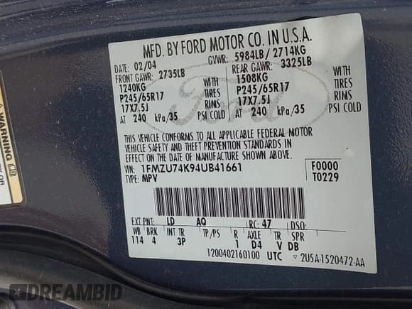 ✅ 2004 Ford Explorer Eddie Bauer • VIN: 1FMZU74K94UB41661 • Lot: 42221029. Listed on IAAI with 169,758 mi. Free auction sales archive from the USA and detailed vehicle history report at DreamBid. Image 9.