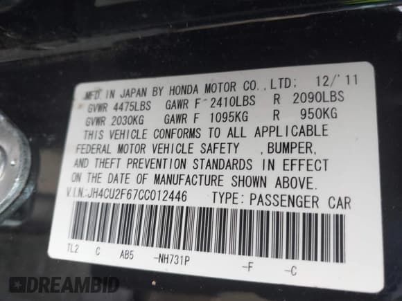 ✅ 2012 Acura TSX Technology • VIN: JH4CU2F67CC012446 • Lot: 42397112. Listed on IAAI with 196,292 mi. Free auction sales archive from the USA and detailed vehicle history report at DreamBid. Image 9.