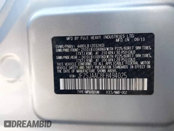 2014 Subaru Forester 2.5i с VIN JF2SJAAC8EH494025, выставлен на аукционе IAAI как лот 41791380 с пробегом 111 020 миль миль и . История ставок и продаж доступна на DreamBid. Изображение 9.